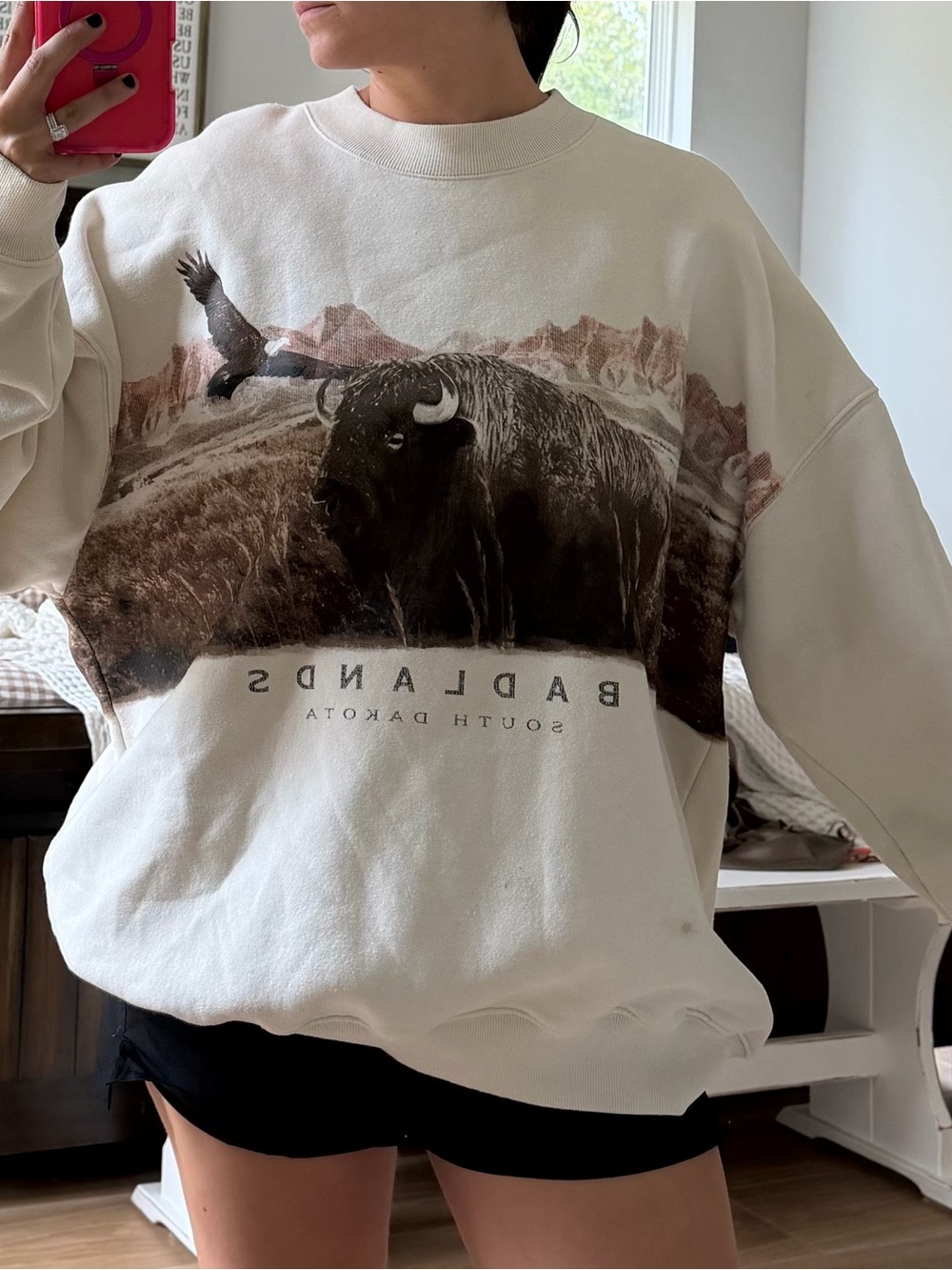 Cream Graphic Sweatshirt - Unisex Oversized Buffalo Print